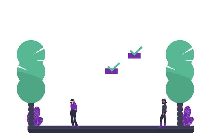 An office building with checkmarks on windows, symbolizing completed tasks or approvals, and two people standing nearby.